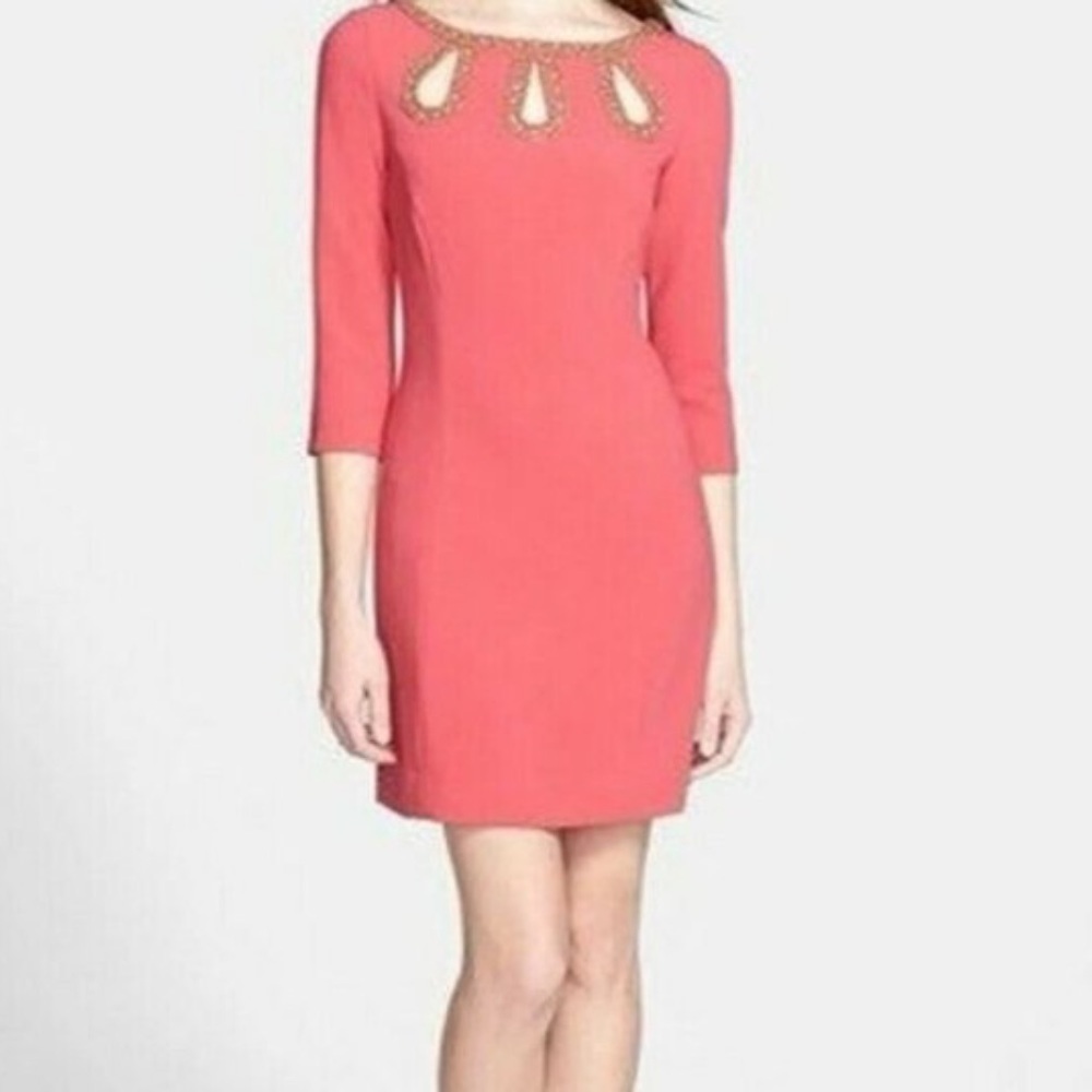 Lilly Pulitzer Coral Reef Gold Beaded & Rhinestone Cut Out Neck Mila Dress